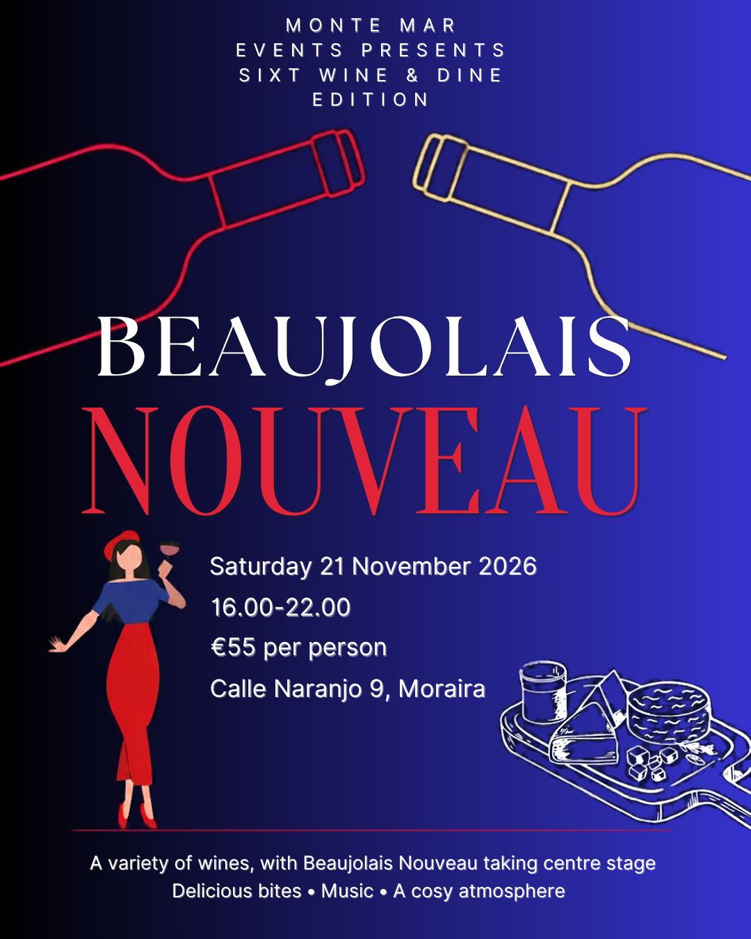 Flyer voor Beaujolais Nouveau, Monte Mar Events presenteert de Sixt Wine & Dine Edition
