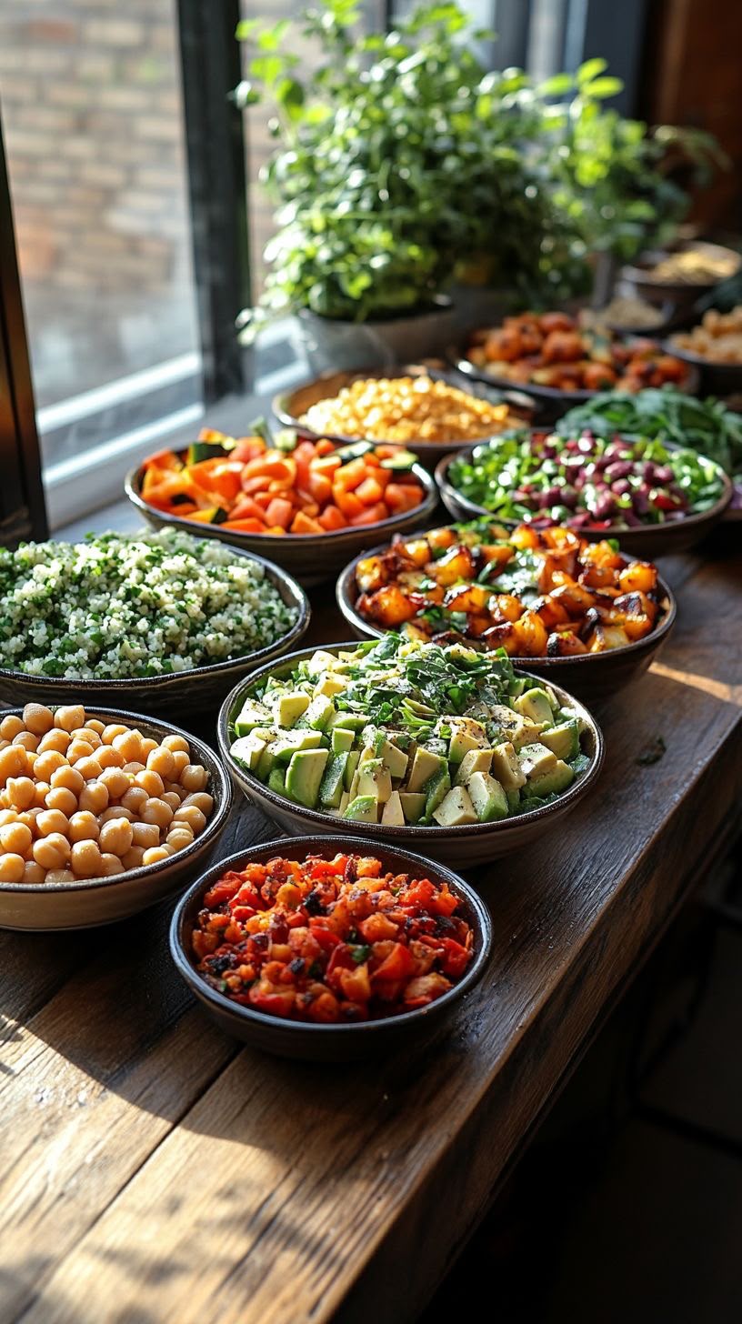 Kleurrijk en gezond retreatbuffet met groenten, granen en salades